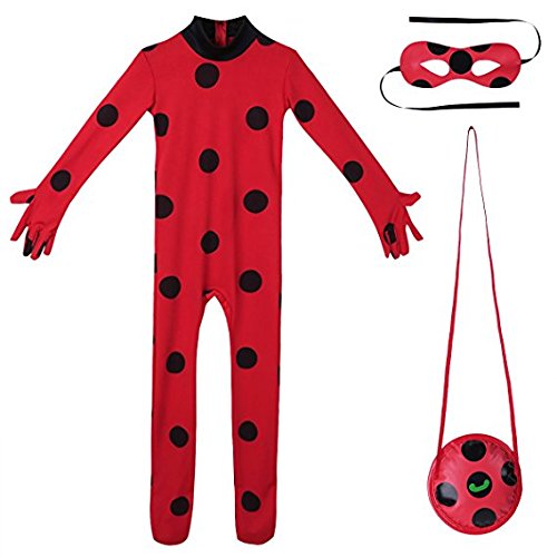 Nice sport Enfant Fille Déguisement Coccinelle Miraculeuse Combinaison à Manches Longues & Masque & Sac Bodysuit Cosplay Ladybug Costume de Carnaval 5-12 Ans (9-10 Ans, Vetement)