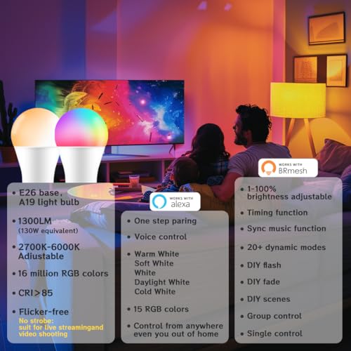 UCB Smart Light Bulbs 130W Equivalent, Color Changing Light Bulb, Work with Alexa Only, 16 Million Colors RGBWW, Music Sync, DIY Flash,1300LM A19 E26 Bluetooth Led Light Bulbs, No WiFi Required,4Pack - Image 3