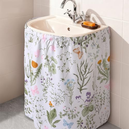 Hahafelt Sink Skirt Diamond Waterproof Fabric Bathroom 55 * 32in, Self Stick Adhesive Under Sink Curtain Skirt Adds Bathroom Storage Laundry Utility Room Decor(Pastoral)