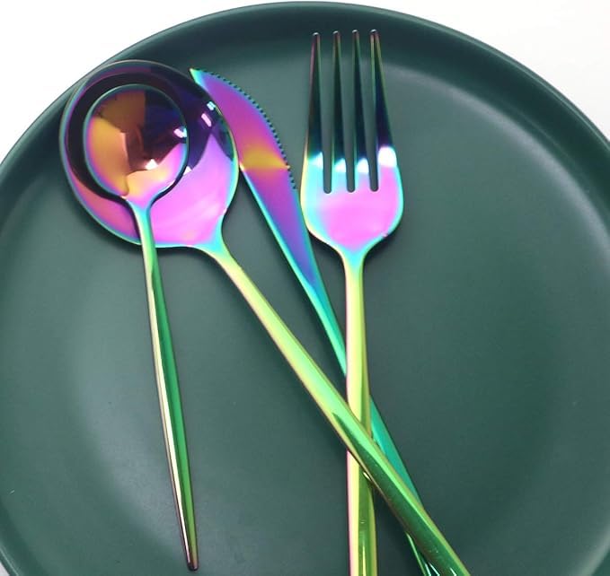 Image of 16 pcs Flatware Set,Rainbow Silverware Set for 4, Knife Fork Spoon, Stainless Steel Home Dinnerware Tableware,Mixed Cutlery Set Eating Utensils for Restaurants (16 Pcs Rainbow)