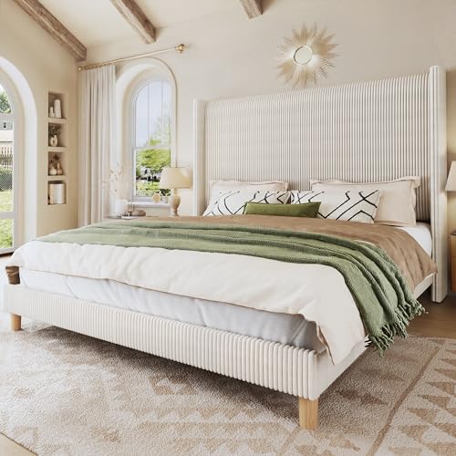 HUAHUU Queen Bed Frame with 51.2 Tall Headboard Corduroy Upholstered Bed Frame with Wingback Platform Bed with Wooden Slats Support Easy Assembly No Box Spring Needed Beige
