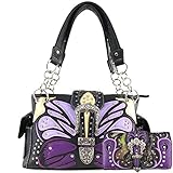 Justin West Abstract Butterfly Buckle Black Conceal Carry Handbag (Purple Purse and wallet)