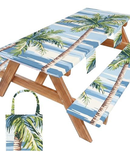 Picnic Table Cover with Bench Covers Waterproof Elastic Rectangle Reusable Folding Tablecloth Manteles Mantelería Camping Essentials Rv Car Travel Supplies Table Cloth Outdoor Road Trip Camper Gifts