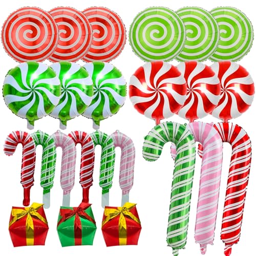 24 Pcs Christmas Balloons Candy Cane Swirl Gift Box Balloons Foil Red Green Pink Balloons Kit for Christmas Party Birthday Candy Themed Party Decorations