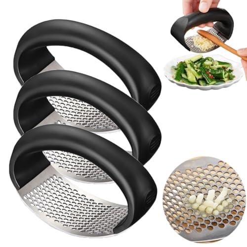 Spremiaglio in acciaio inox, Garlic Press 2024 bilanciere d'aglio migliorato, Garlic Press Rocker strumento di cottura Affettatrice aglio utilizzato per verdure tritate (3, nero)