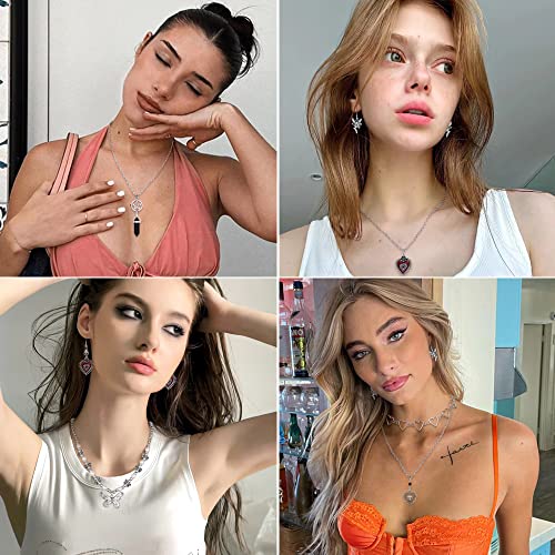 Subiceto 33Pcs Grunge Vintage Punk Necklace Jewelry Set Gothic Earrings Fairy Butterfly Boho Crystal Y2k Cross Pendent Butterfly Heart Choker Goth Stackable Knuckle Rings Adjustable Y2k Accessories for Women Men2
