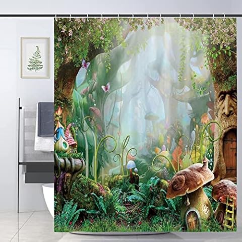 JOOCAR Spring Enchanted Forest Shower Curtain Cartoon Fairy Tale Mushroom Wonderland Waterproof Fabric Bath Curtain for Bathroom Decor with Hooks 60x72 Inch Cover