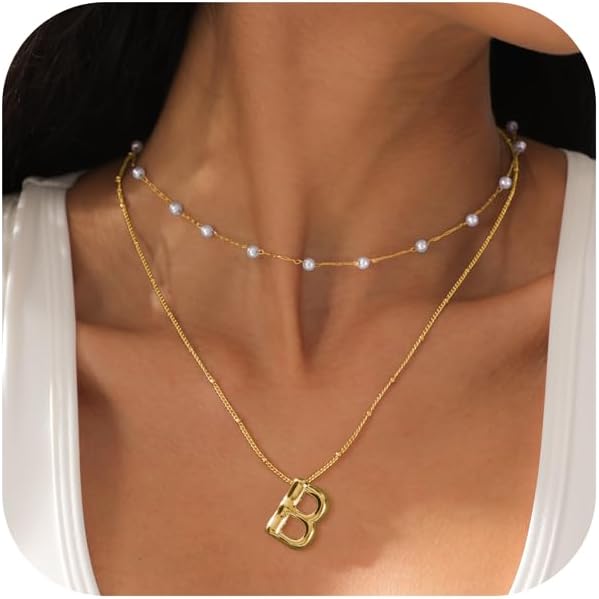 Bubble Gold Letter Necklace for Women 14k Gold Plated Balloon Initial Letter Pendant Necklace Pearl Custom Name Layered Choker Necklace Gold Jewelry