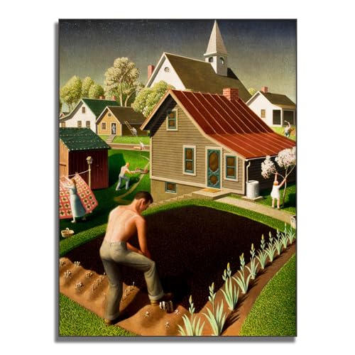 Yomcut Grant Wood Prints - Spring In Town Poster - Impressionist Painting Poster - Country Room Decor Pictures - Canvas Wall Decor for Living Room Kitchen Bedroom - Unframed(12x16in/30×40cm)