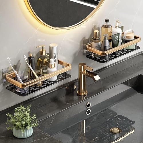 Image of EUDELE Aluminium Pack of 2, Self Adhesive Bathroom Shelf for Wall Shelf Organizer Wall Mounted Bathroom Shelves Rack Holder Stand for Bathroom Accessories Organiser Without Drill Gold Long