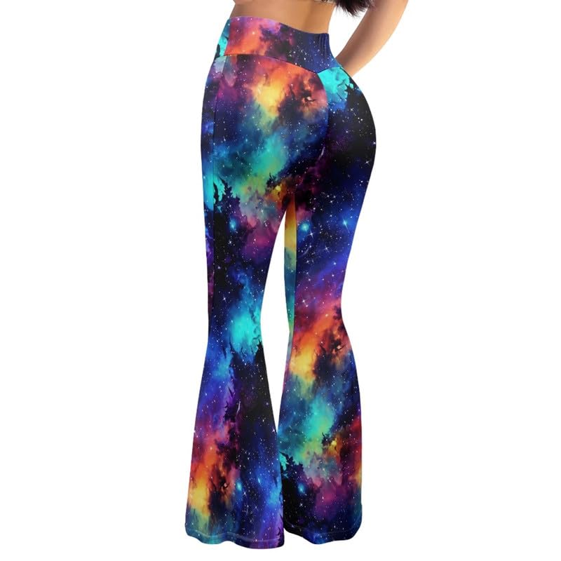 Irisjudy Galaxy Nebula Print Women Flare Leggings Elastic High Waist Colorful Starry Bootcut Yoga Pants, Black Bell Bottom Flared Sweatpants for Women