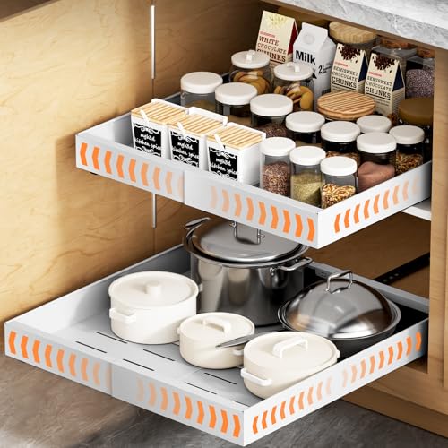 2 Pack Pull out Cabinet Organizer Expandable Width(12'-20') and 21'Depth, No Drill Adjustable Slide Out Drawers for Kitchen, Cabinets With 3 Slide Rails,Magnetic Panel, Adhesive Roll out Shelves