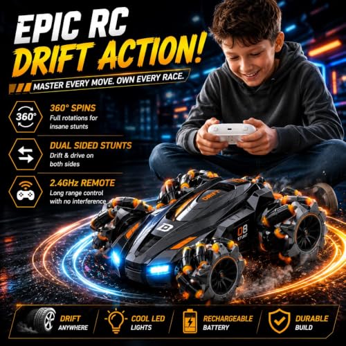 Image of Remote Control Drift Car for Kids, 4WD 360 Rotating Double Sided Stunt RC Car with Rechargeable Battery, USB Type-C Charging, High Speed Flip, BIS Approved Toy for Boys & Girls 3-12 Years