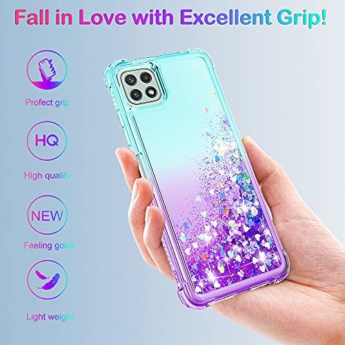 Compatible with Galaxy A22 5G Case [with Screen Protector] Clear Liquid Glitter Soft TPU Bumper Cover Shockproof Transparent Girly Woman Protective Phone Case for Samsung Galaxy A22 5G,Teal/Purple
