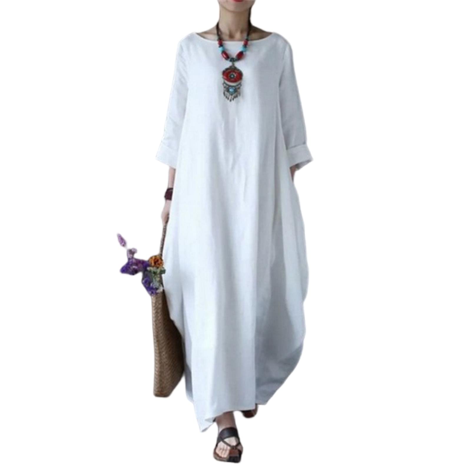 MOGSA Vestido largo de primavera con cuello redondo y manga media grande con vuelo, de algodón y lino