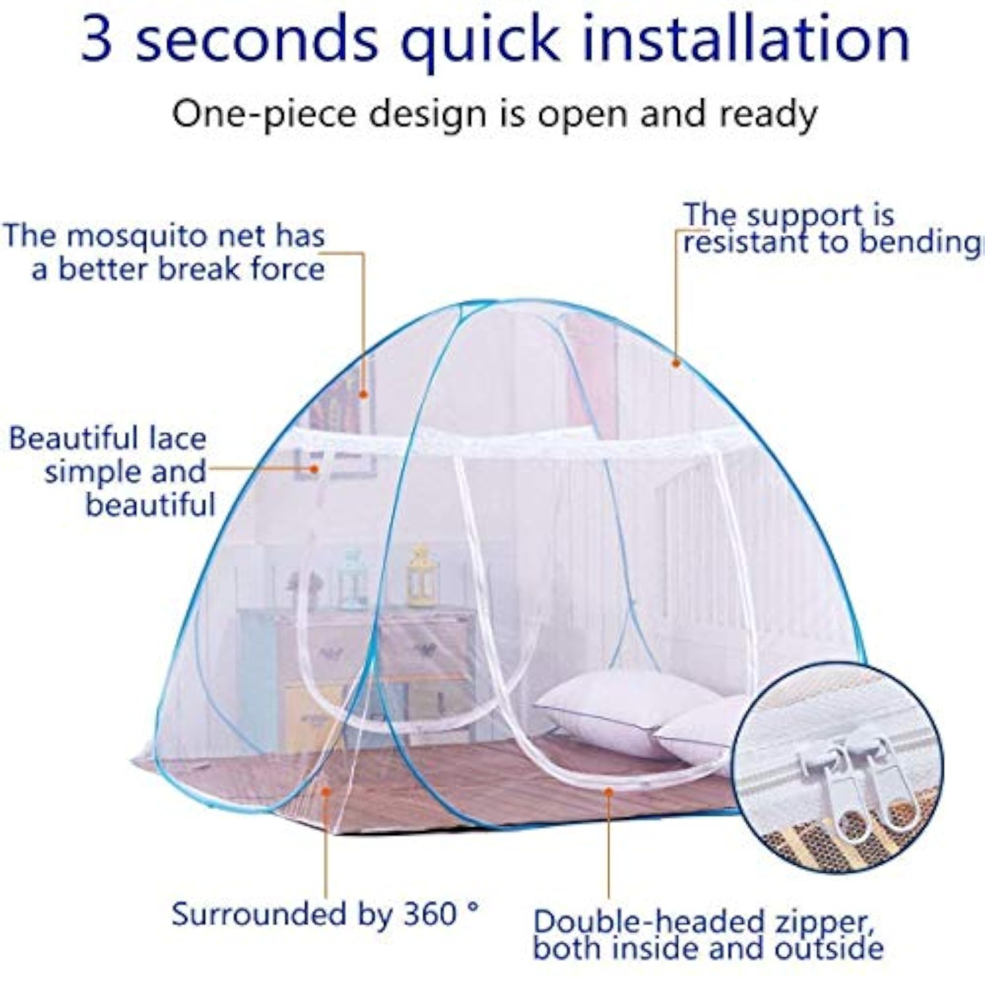 Folding Double Bed Mosquito Net with Zipper, King Size