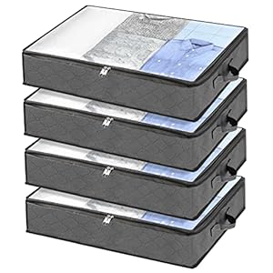 Fixwal 4 Pack Underbed Storage Containers Foldable Clothes Storage Bags Under Bed Storage Bins for Blankets, Clothing, Bedding, Comforter, Bedroom Closet Organizers and Storage, Grey