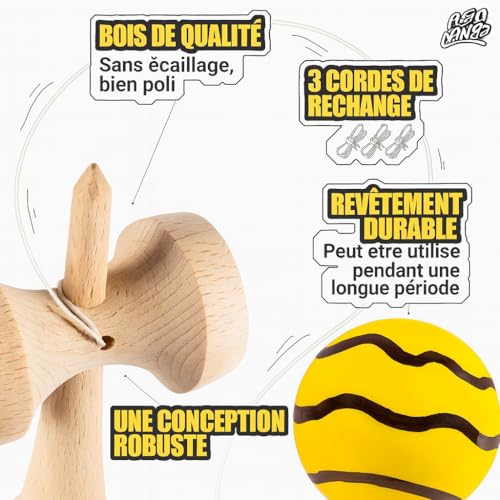 ASOLAND Kendama Traditionelles Holzspielzeug – Japanisches Bilboquet für Kinder & Erwachsene – Verbessert Reflexe und Geschicklichkeit – Komplett-Set für Profis & Anfänger, Gelb mit schwarzen Streifen