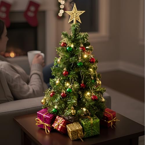Prextex 23-Inch Mini Christmas Tree with Lights- Small Holiday Tree
