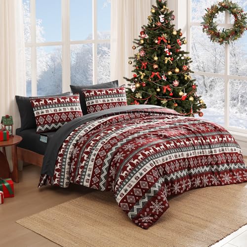 Image of MaiReve Christmas Queen Comforter Set, Red Reindeer Snowflake Bed Set for Holiday, Reversible Plaid Checkered Comforter Bed in a Bag, Soft Bedding Set 7 Pieces with Sheets, Pillowcases & Shams