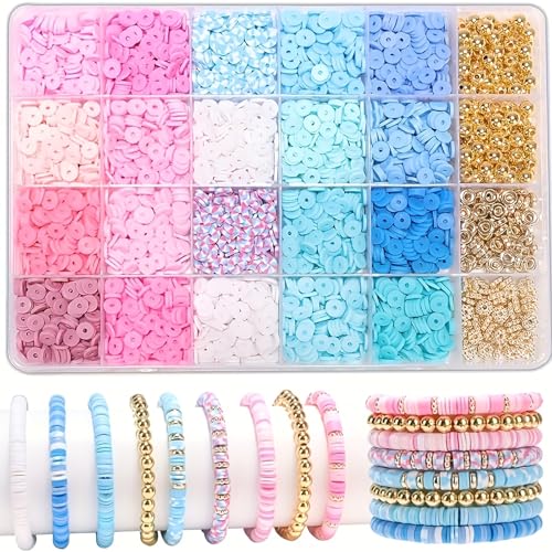 pekifaves Perlen für Armbänder set 6mm Heishi Clay Perlen Set Bunte Clay Beads zum Auffädeln Kit für Schmuckherstellung Freundschaftsarmband Selber Machen Rosa Weiß Blau Gold Regenbogen