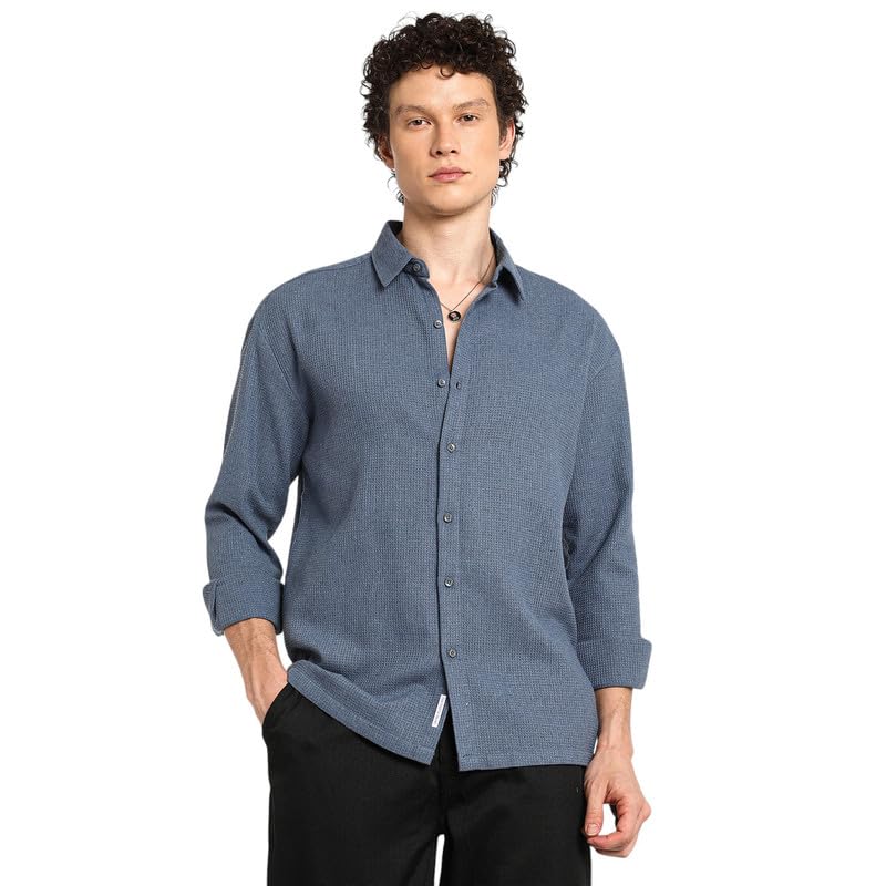 Image of CAHOOT Men's Polycotton Abstract-Textu Shirt |Casual-Wear | Spread Collar | Long Sleeve | Button Closure | Shirt Crafted with Comfort Fit for Everyday Wear