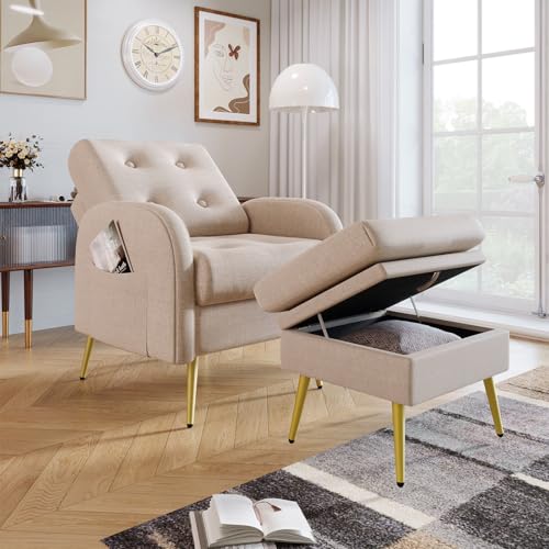 Sillón Relax con Respaldo Ajustable, Sillón con Reposapies, Butaca Orejera Almacenamiento, Sillón Orejero con Bolsillos Laterales, hasta 300 Libras, Sillon para Salón, Sillon Dormitorio