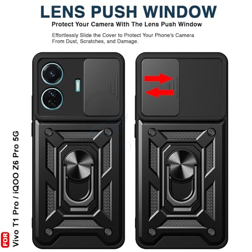 Image of AESTMO Polycarbonate Tough Armor Vivo T1 Pro 5G / Iqoo Z6 Pro 5G Bumper Back Case Cover|Ring Holder & Sliding Camera Shield Cover|360 Degree Protection Back Case Cover for Vivo T1 Pro 5G (Black)