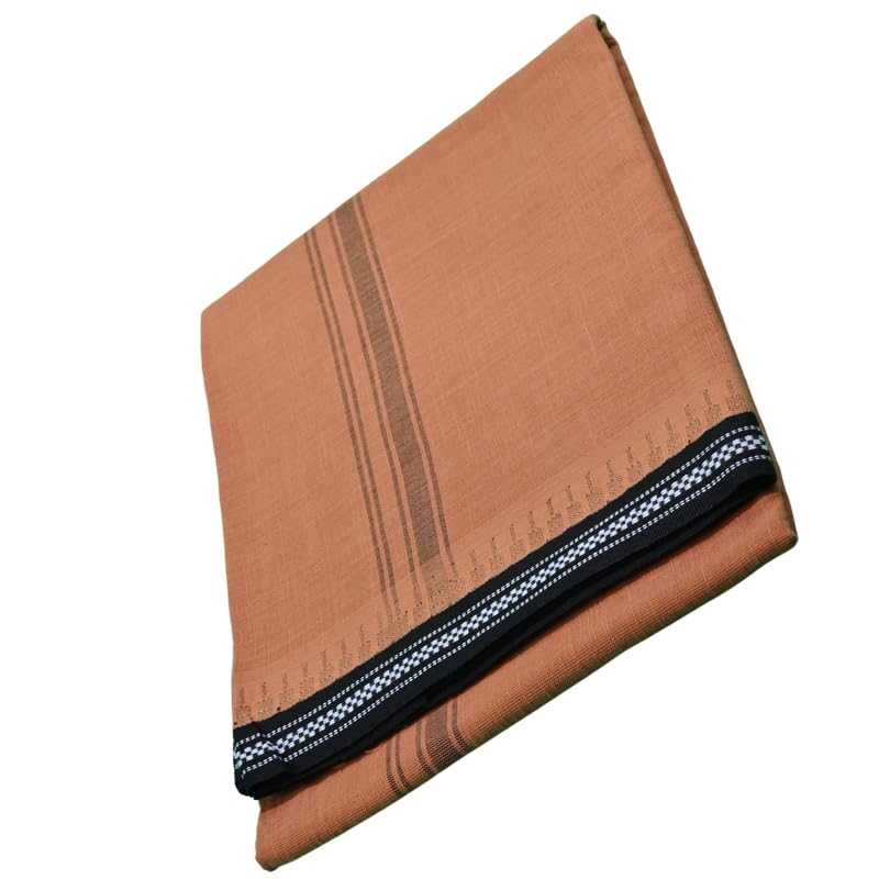coral Cotton Palani Balaramapuram Dhoti For Men | Traditional Kerela Style | Single Dhoti With Border | Solid Striped | Ethinic | Soft & Comfortable | Ideal For Devotional Events | 2Mtr | Saffron-picture-28
