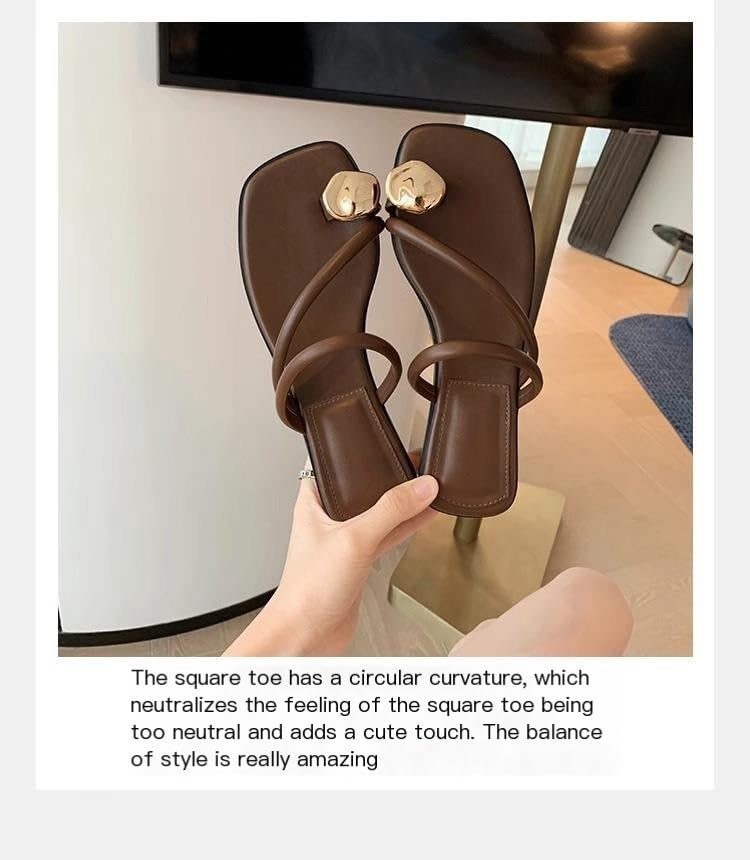 Women's Flat Bottomed Square Heel Flip Flops Solid Color Sandals Size 5-10(Brown,7)4