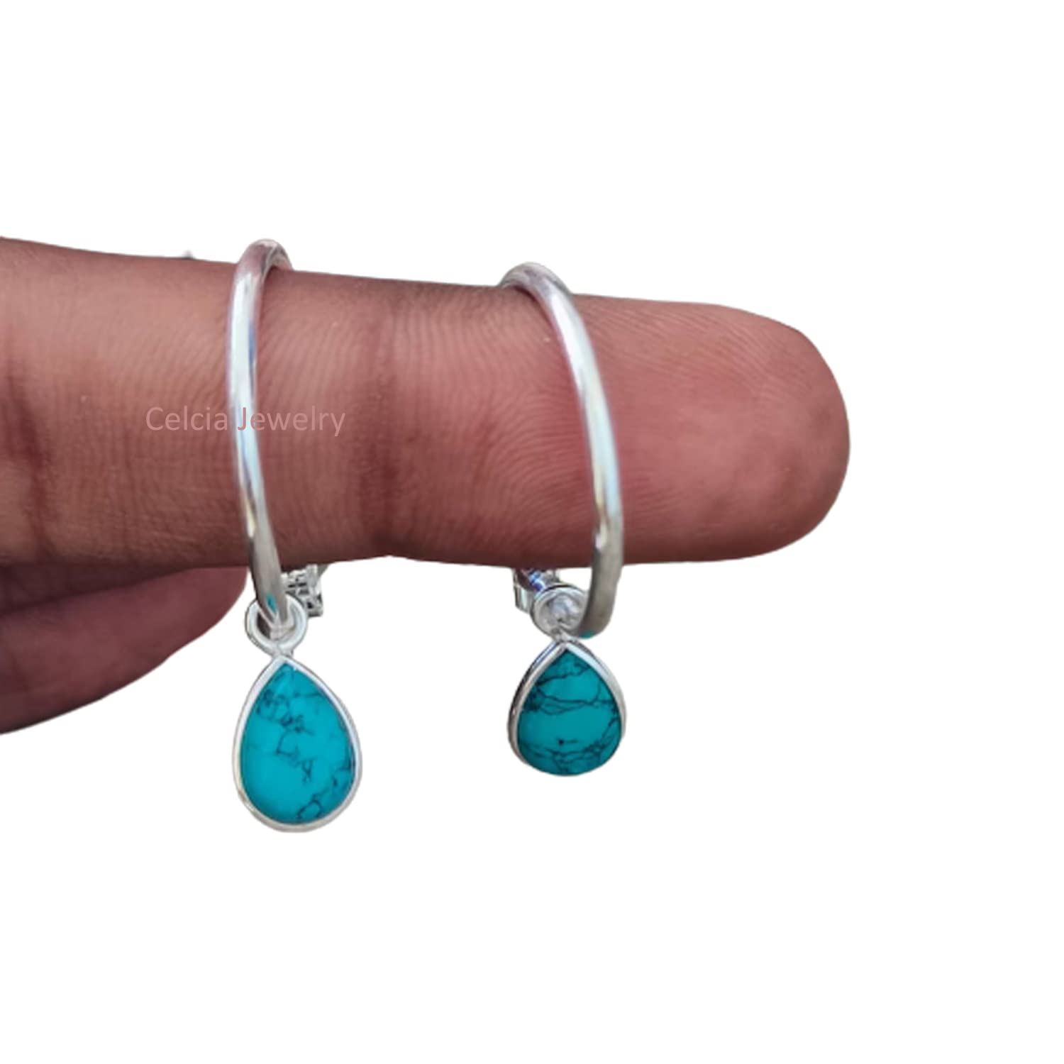 Pendientes de aro con forma de círculo de Plata de Ley 925 auténtica para mujer, piedra preciosa de pera turquesa Natural, joyería hermosa con piedra natal de diciembre
