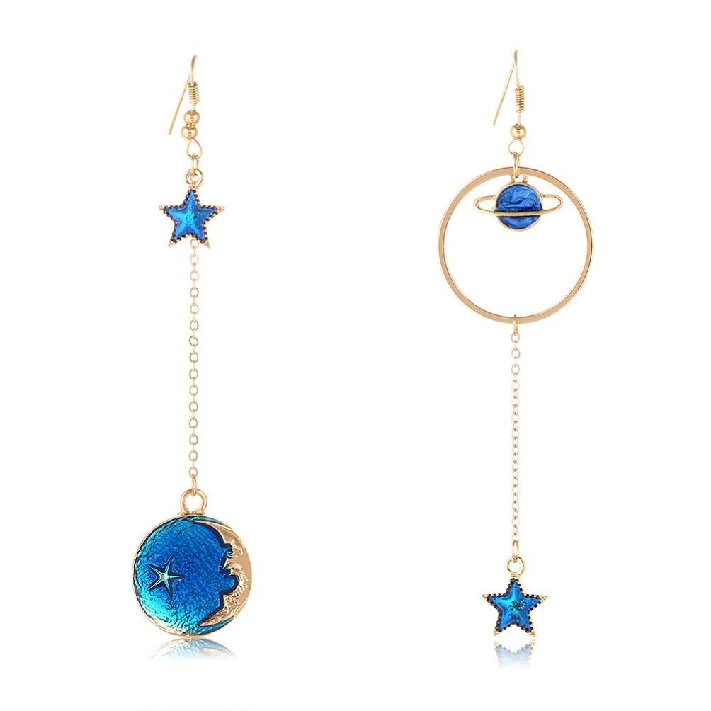 SAKAIPAEnamel Moon Star Earth Planet Drop Hook Earrings Long Pendant Dangle Jewelry for Woman Girls