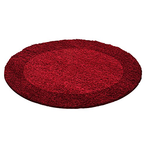 Carpettex Hochflor Teppich Wohnzimmer Shaggy Flokati Teppich Modern Bordüre Design 200 cm Rund Rot...