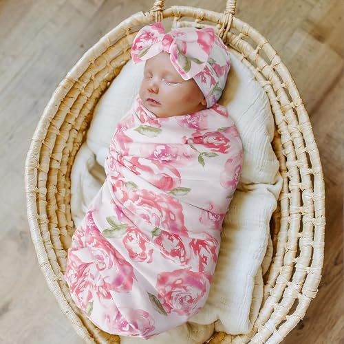 Image of DRESHOW BQUBO Baby Girl Newborn Floral Receiving Blankets with Bow Hat Headband Wooden Birth Announcement Card Set Newborn Baby Swaddling Hats Swaddle Blanket Toddler Warm Shower Gift