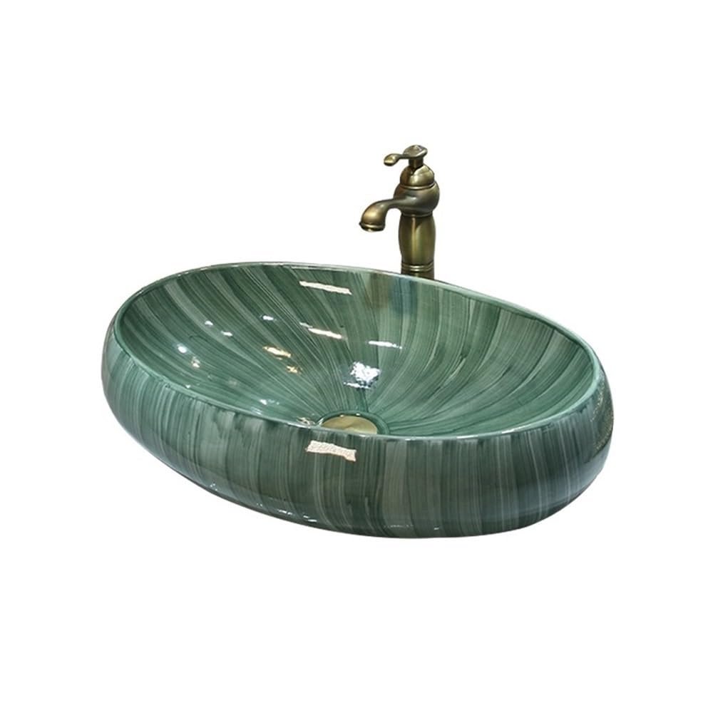 WOTZOV Bathroom Green Ceramic Oval Above Counter Wash Basin Balcony Bathroom Outdoor Sink Vessel