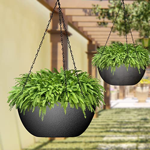 Wousiwer 13 Inch 2Pack Large Hanging Planters For Outdoor Indoor Plants With Drainage Holes And Chain, Round Hanging Flower Pots For Garden Home Porch Decor, Black #TOP3
