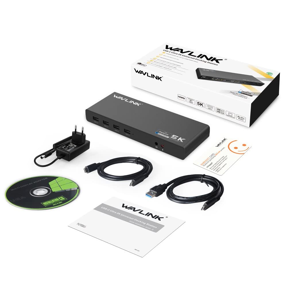 WAVLINK USB C＆3.0 Ultra 5K Docking Station HD Dual Video Multifunción Display con 2x5K DP Puertos, 2x4K HDMI Puertos, 6xUSB 3.0, Gigabit Ethernet, Audio out y Mic in, para MacBook Neo