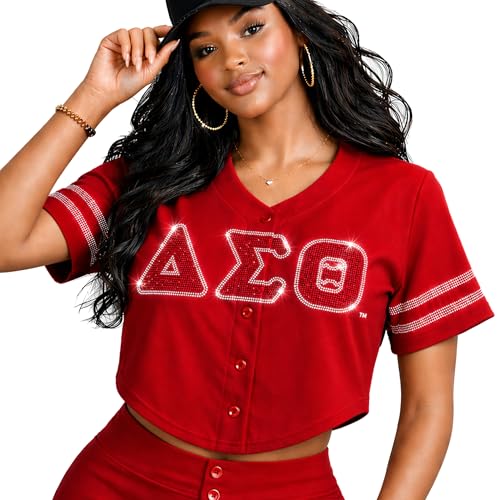 with wins Officially Licensed Delta Sigma Theta Design Baseball Jersey - Women's Rhinestone Bling Cropped Button-Down Shirt, Crimson & Cream DST Apparel (US, Alpha, Medium, Regular, Regular, Red)