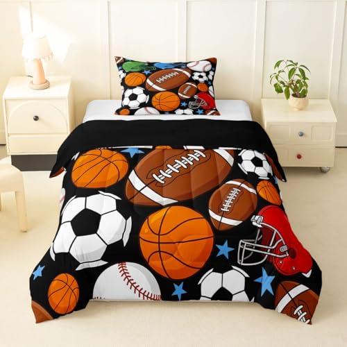 Image of Feelyou Football Kids Comforter Set Toddler Size Basketball Sports Bedding Set Soccer Ball Game Duvet Quilt for Kids Boys Girls Bedroom Black Baseball Gaming Decor Microfiber Ultra Soft Breathable