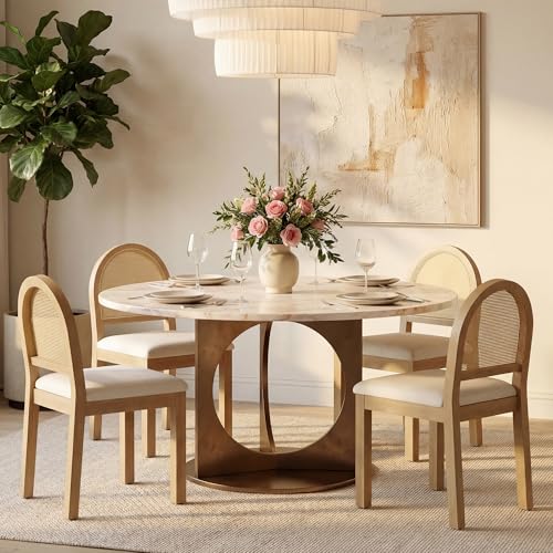 Image of STHOUYN Upholstered Rattan Dining Chairs Set of 4, Farmhouse Solid Wood Dining Room Chair with Natural Rattan Woven Back and Chenille Seat, Mid-Century Modern Wooden Kitchen Chairs (4, Cream White)