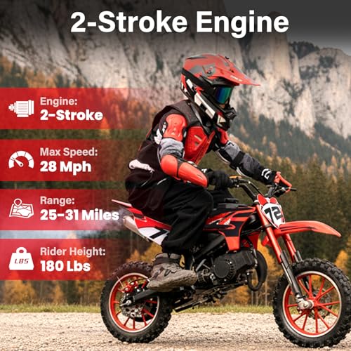 Image of Kids Dirt Bike Gas Powered, 50cc 2 Stroke 49cc Dirt Bike, Pit Bike Up to 24 MPH Pull Start, Gas Dirt Bike for Boys Girls Dual Disc Brake Inverted Fork Birthday Holiday Red with Armor Suit Set