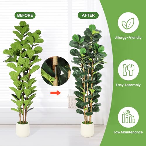 7FT Artificial Fiddle Leaf Fig Tree with Natural Wood Trunk,Tall Fake Fiddle Leaves Plant in White Planter, Floor Plants for Living Room Indoor Home Decor,Housewarming Gift