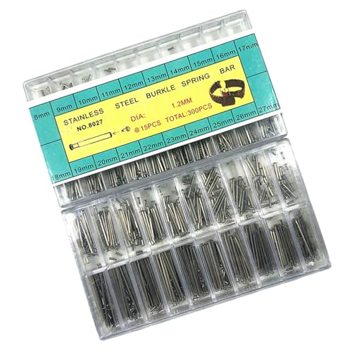 Guangcailun Kit de 300 pasadores de correa de acero inoxidable para reparación de correas de reloj, organizados en estuche. Fabricación de joyas. 300 pasadores de correa de 8-27