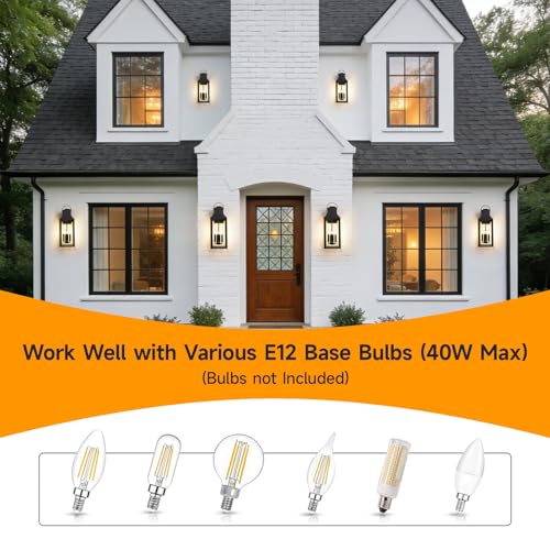 Image of 25'' Dusk Dawn Outdoor Wall Light, Large Black Exterior Porch Light Fixture | Auto On-Off, 4-E12 Base, Modern Exterior Sconce Wall Lighting Waterproof, Sensor Outside Lights for House Garage Door, 1 Pack