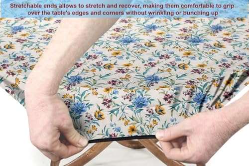 Image of The Furnishing Tree Elastic Cotton Round Dining Table Cover 54x54 in Inches Floral Golden Leaf on offwhite Base