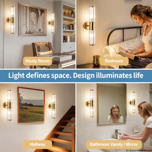 Image of Brushed Brass Wall Sconces Set of 2, Bathroom Sconces with Clear Glass Rods Shape, Modern Vanity Light Fixture for Living Room Bedroom Hallway (Bulbs Not Included)