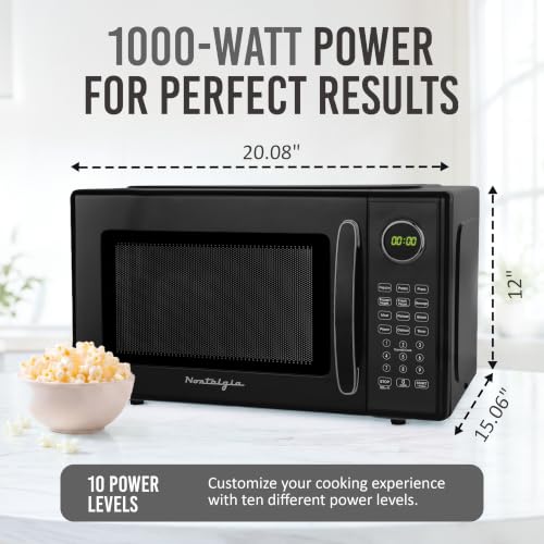 Image of Nostalgia Retro Microwave Oven - 1.1 Cu Ft, 1000-Watt Countertop Size with Glass Turntable, Child Safety Lock, 8 Auto-Cook Programs, Digital Clock - Black