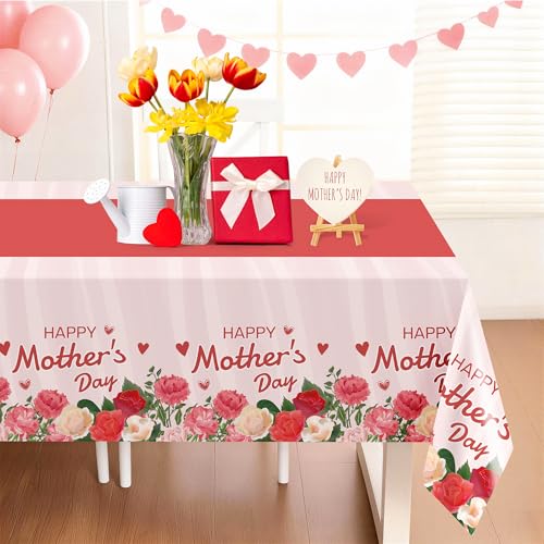 Image of Childom 2 Pack Mothers Day Tablecloth,Mother's Day Party Decorations,54 inch x 108 inch Plastic Disposable Tablecloths for Rectangle,Plastic Table Covers for Mom Birthday Party Supplies Holiday Buffet Table