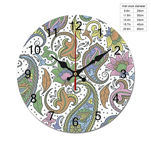 Colorful Ethnic Floral Paisley Wooden Wall Clock Battery Operated Silent Non Ticking Wooden Clock Home Decor For Bedroom, Office 60 * 60Cm #TOP1