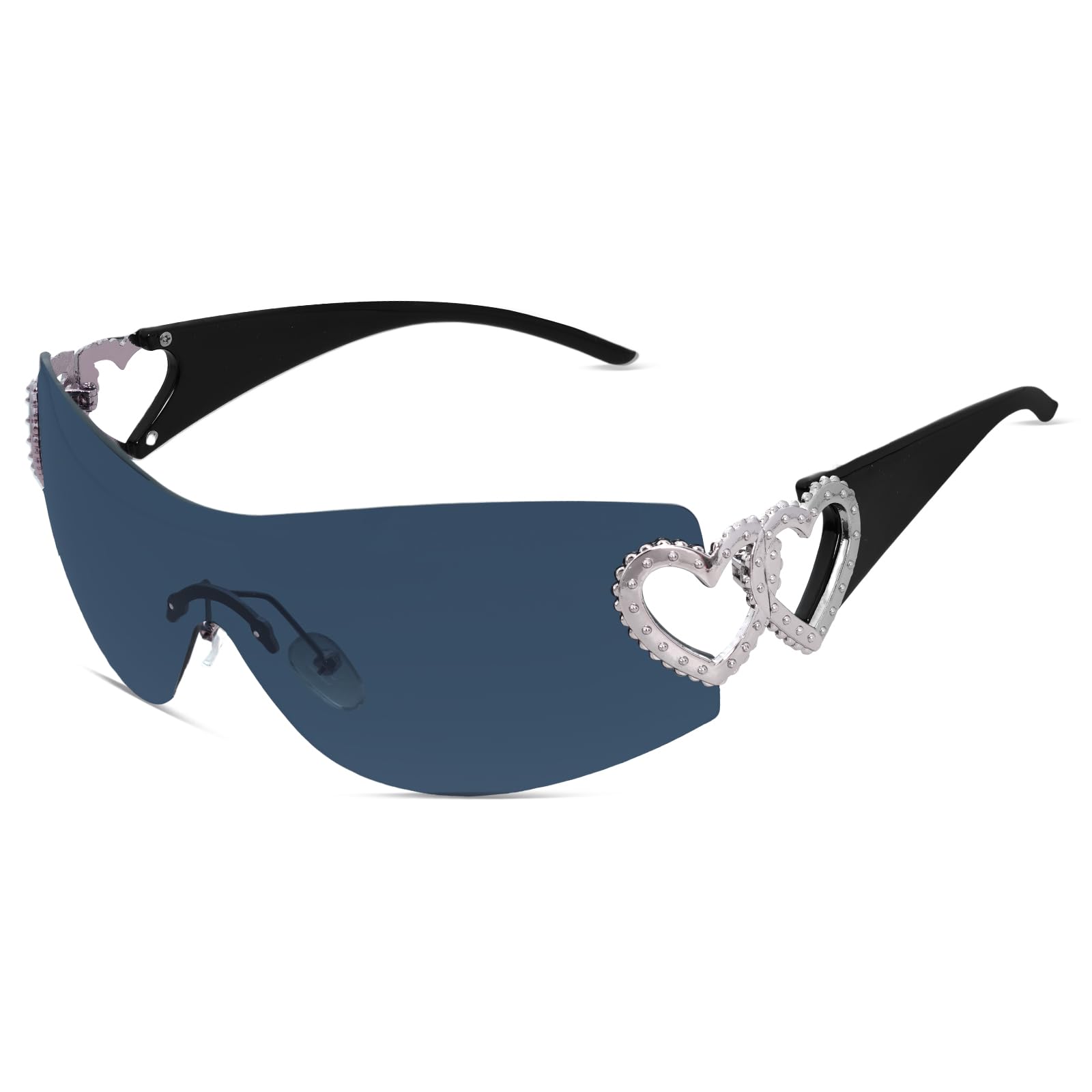 Y2K Wrap Around Rimless Sunglasses Trendy Shield Silver Heart 2000S Fashion Frameless Sun Glasses for Women Men